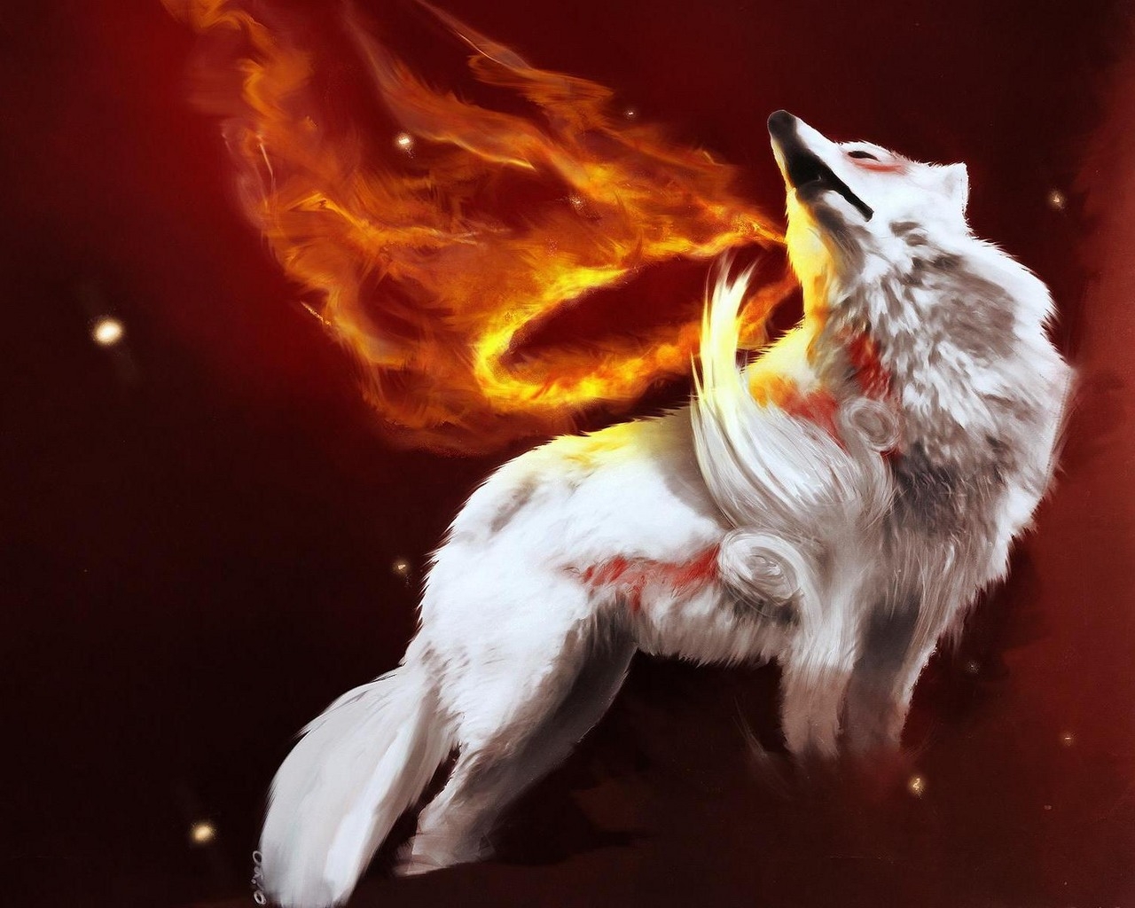 Lobo blanco con fuego